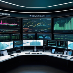 Create an image of a futuristic financial trading desk with multiple computer screens displaying complex charts and graphs, showcasing the Thinkorswim platform. The background should include a sleek, modern office environment with soft lighting. On the screens, incorporate visuals of futures trading data and margin calculations. Add subtle text overlays like Futures Margin Calculation and Comprehensive Guide to hint at the educational nature of the content. The overall atmosphere should convey a sense of advanced financial analysis and professional trading.