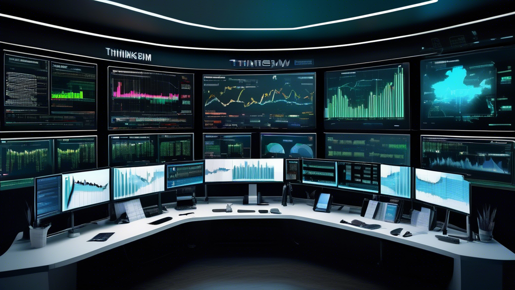 Create an image of a futuristic financial trading desk with multiple computer screens displaying complex charts and graphs, showcasing the Thinkorswim platform. The background should include a sleek, modern office environment with soft lighting. On the screens, incorporate visuals of futures trading data and margin calculations. Add subtle text overlays like Futures Margin Calculation and Comprehensive Guide to hint at the educational nature of the content. The overall atmosphere should convey a sense of advanced financial analysis and professional trading.