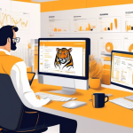 Create an illustration depicting a comprehensive guide about Tiger Brokers margin accounts. The scene should feature a well-organized, modern desk setup with a computer screen displaying the Tiger Brokers trading platform. Surrounding the desk, there should be visual elements like charts, graphs, and financial documents representing margin accounts. Include a character, a savvy financial advisor or trader, explaining concepts with a pointer and a friendly expression. The background should have a sleek, professional office setting to convey an atmosphere of financial expertise and trust.