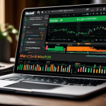 Create a detailed digital illustration of a Thinkorswim platform interface displayed on a computer screen, with various financial charts and data windows open, showing a margin account. Surround the workspace with beginner-friendly guides, books, and notes titled 'Margin Accounts,' 'Investing 101,' and 'Stock Trading Basics.' Include a cup of coffee and a notepad with handwritten notes to signify learning and understanding.