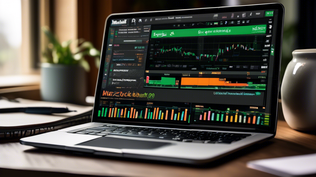 Create a detailed digital illustration of a Thinkorswim platform interface displayed on a computer screen, with various financial charts and data windows open, showing a margin account. Surround the workspace with beginner-friendly guides, books, and notes titled 'Margin Accounts,' 'Investing 101,' and 'Stock Trading Basics.' Include a cup of coffee and a notepad with handwritten notes to signify learning and understanding.