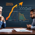 Create an image featuring a split view to illustrate the contrast between the advantages and disadvantages of a Limited Margin IRA. On one side, show a financial advisor explaining the benefits such as potential for higher returns and increased investment flexibility with a graph showing an upward trend. On the other side, depict concerns like increased risk and complexity, featuring a worried investor looking at a volatile stock market chart. Include elements like calculators, documents, and stock symbols to signify financial planning.