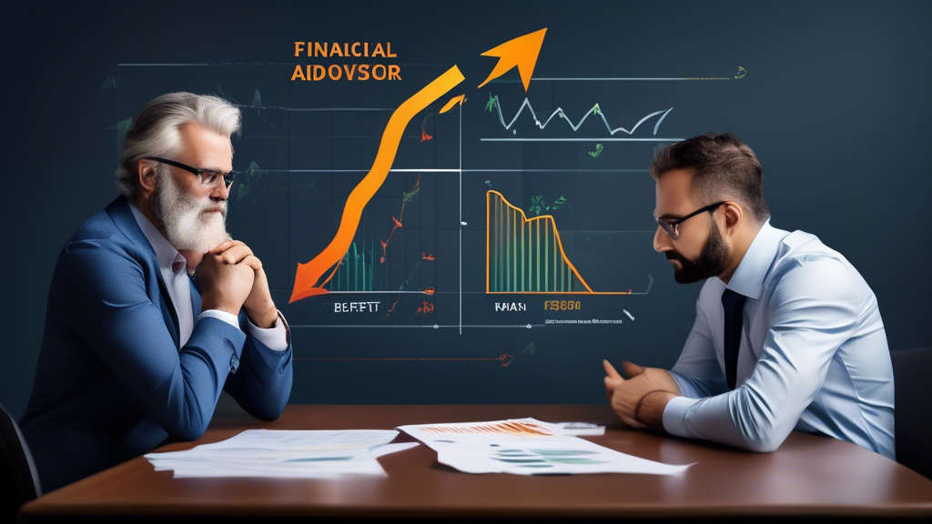 Create an image featuring a split view to illustrate the contrast between the advantages and disadvantages of a Limited Margin IRA. On one side, show a financial advisor explaining the benefits such as potential for higher returns and increased investment flexibility with a graph showing an upward trend. On the other side, depict concerns like increased risk and complexity, featuring a worried investor looking at a volatile stock market chart. Include elements like calculators, documents, and stock symbols to signify financial planning.