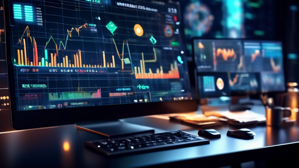 Create an image of a sleek and modern digital trading platform interface on a high-resolution computer screen. The background features a futuristic, high-t