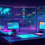 Create a digital illustration of a futuristic trading platform with multiple screens showing Bitcoin charts, metrics, and leverage options. Include traders