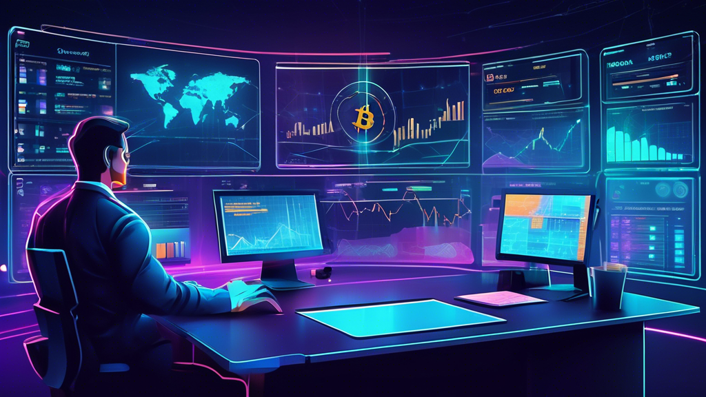 Create a digital illustration of a futuristic trading platform with multiple screens showing Bitcoin charts, metrics, and leverage options. Include traders