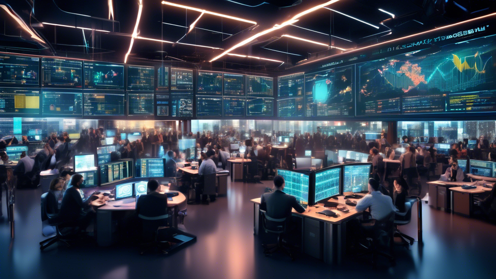 An image depicting the bustling world of cryptocurrency margin trading in 2023. Feature a futuristic trading floor with large screens displaying various cr