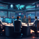 Create a digital illustration of a futuristic trading desk in a high-tech office with American flags subtly integrated into the design. The computer screen