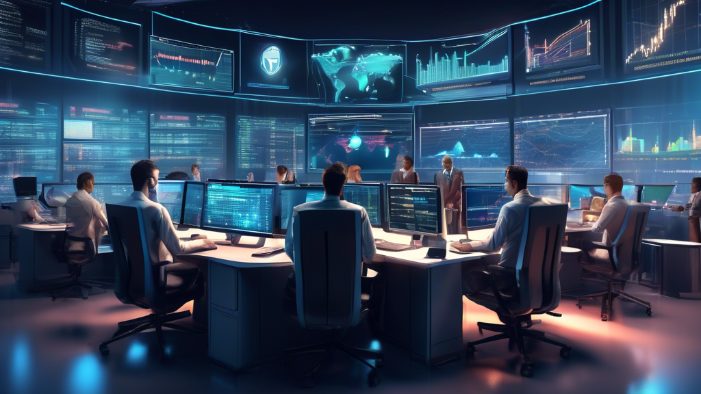 Create a digital illustration of a futuristic trading desk in a high-tech office with American flags subtly integrated into the design. The computer screen