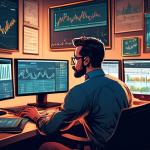 A detailed illustration of an experienced trader sitting at a desk surrounded by multiple computer screens, each displaying various financial charts and da