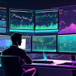 Create a detailed digital illustration of an advanced trader working on multiple monitors, displaying charts and analytics for margin trading on Bitstamp.