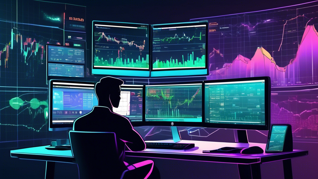 Create a detailed digital illustration of an advanced trader working on multiple monitors, displaying charts and analytics for margin trading on Bitstamp.