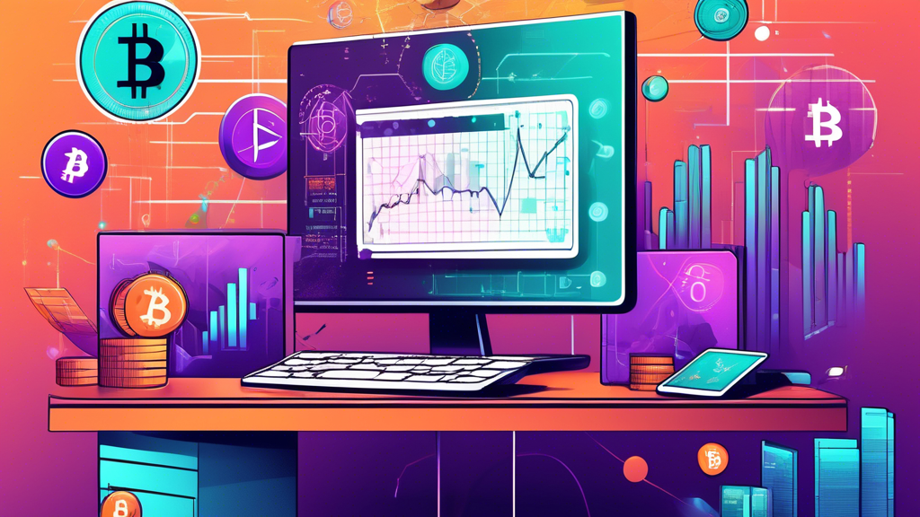 A detailed illustration of cryptocurrency margin trading, showcasing a digital exchange platform interface with charts and graphs. Highlight a trader engag