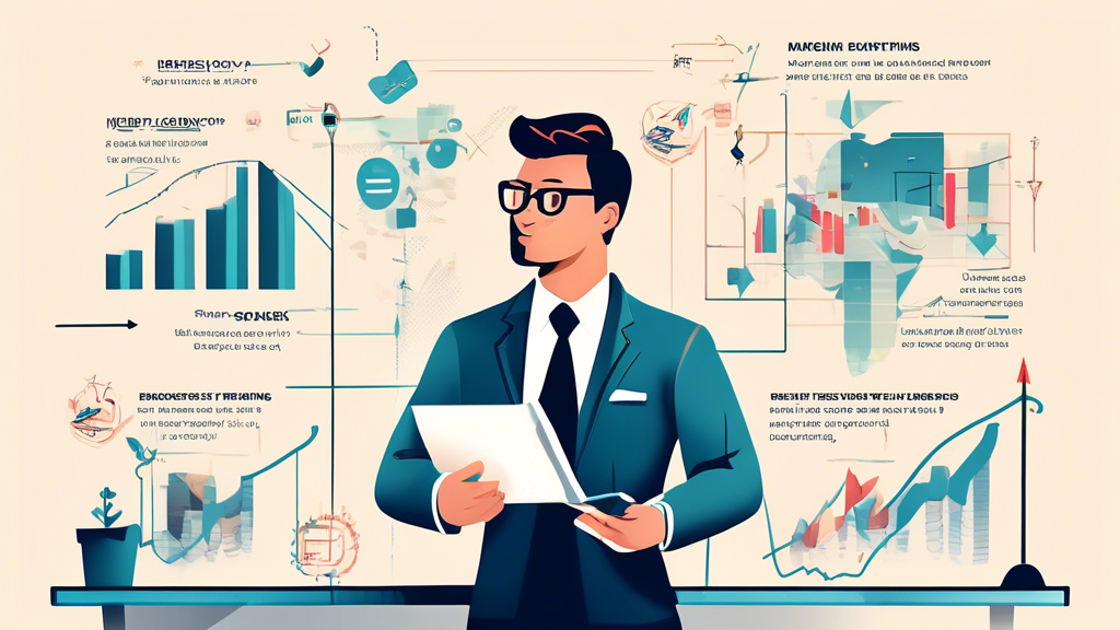 An illustrated infographic showing the concept of margin trading with clear step-by-step explanations: a central figure in business attire, standing at a t