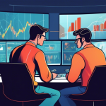 An illustration of two traders in a modern, high-tech financial office looking at complex graphs and charts on large computer screens. One trader appears c