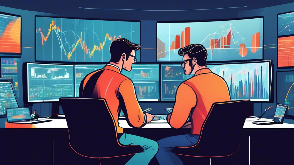 An illustration of two traders in a modern, high-tech financial office looking at complex graphs and charts on large computer screens. One trader appears c