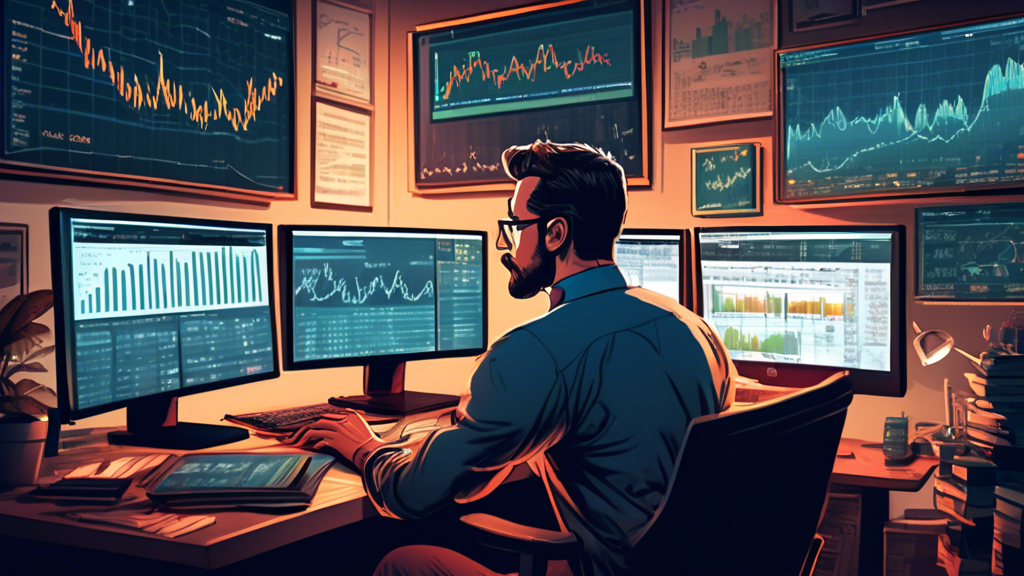 A detailed illustration of an experienced trader sitting at a desk surrounded by multiple computer screens, each displaying various financial charts and da