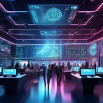 Create an image showcasing a futuristic stock trading floor in the year 2023, bustling with digital screens displaying various cryptocurrencies and their f