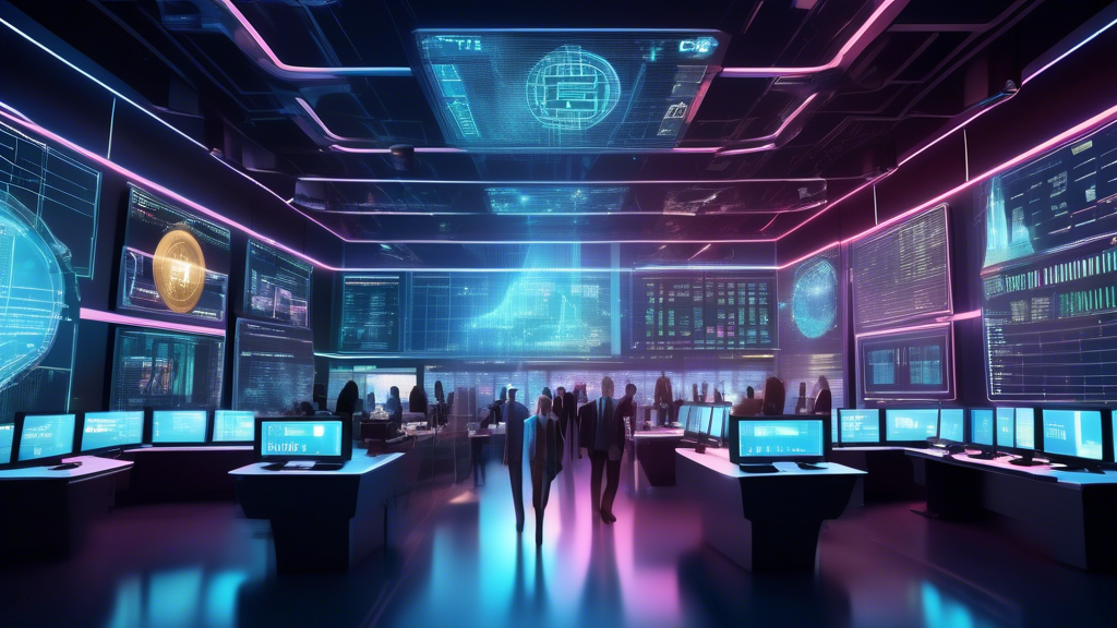 Create an image showcasing a futuristic stock trading floor in the year 2023, bustling with digital screens displaying various cryptocurrencies and their f