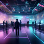 An image depicting a futuristic digital trading floor filled with holographic charts and graphs showcasing various cryptocurrencies. Traders are engaged in