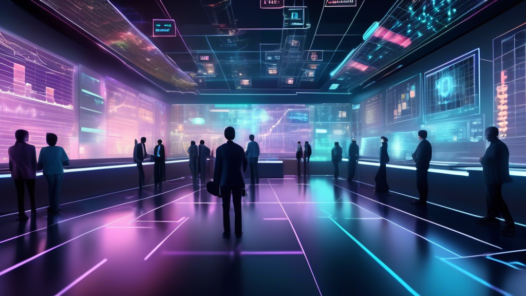 An image depicting a futuristic digital trading floor filled with holographic charts and graphs showcasing various cryptocurrencies. Traders are engaged in