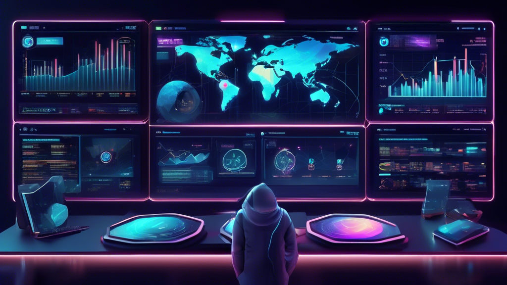 Create an illustration of a futuristic digital trading platform for cryptocurrencies. It displays large interactive screens filled with charts, graphs, and