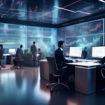 Create an image depicting a futuristic financial office where a diverse group of analysts are working on large transparent screens displaying complex stock