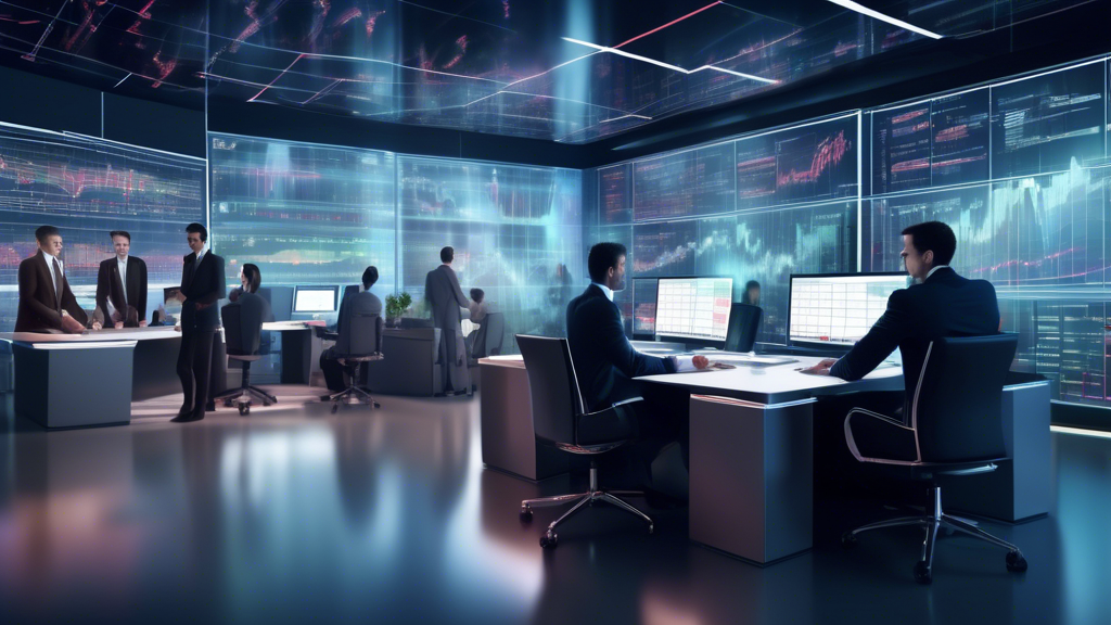 Create an image depicting a futuristic financial office where a diverse group of analysts are working on large transparent screens displaying complex stock