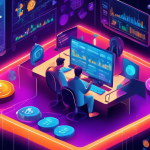 A detailed digital illustration of a futuristic trading platform with vibrant charts and graphs, showcasing cryptocurrencies. A trader is seen analyzing da