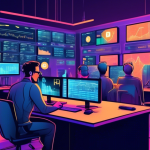 Create an illustration that showcases a futuristic digital trading room filled with screens displaying cryptocurrency charts, graphs, and trending prices.