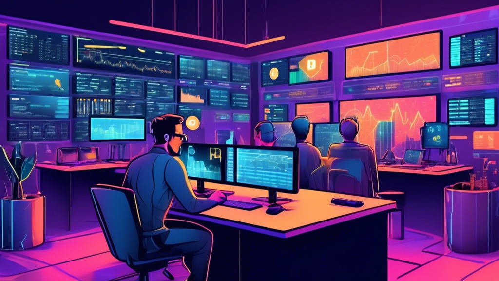 Create an illustration that showcases a futuristic digital trading room filled with screens displaying cryptocurrency charts, graphs, and trending prices.