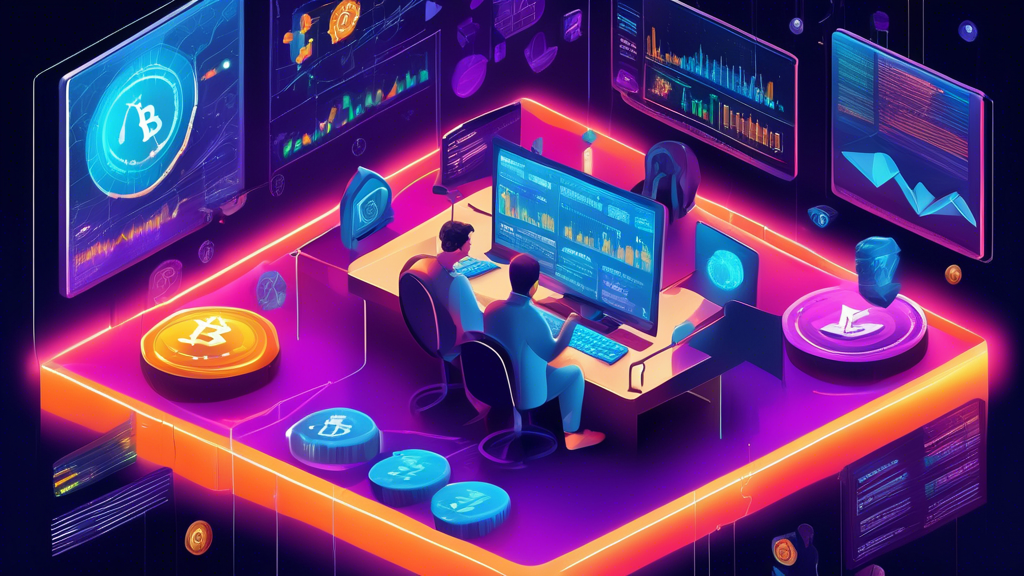 A detailed digital illustration of a futuristic trading platform with vibrant charts and graphs, showcasing cryptocurrencies. A trader is seen analyzing da