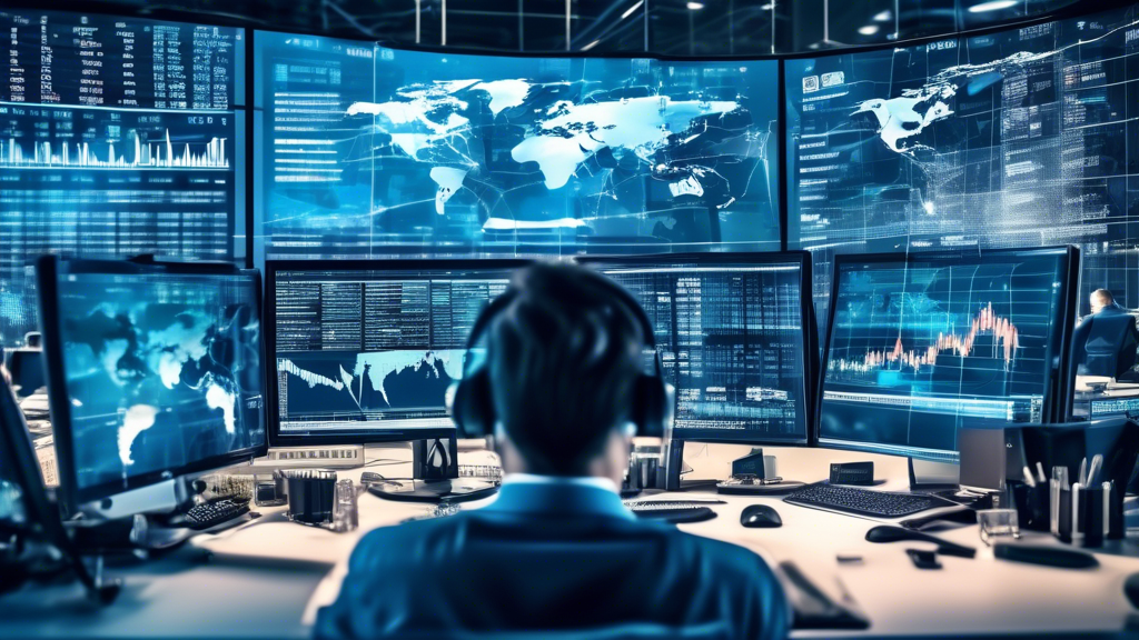 Create an image illustrating a bustling financial trading desk with multiple computer monitors displaying forex market charts and currency exchange rates.