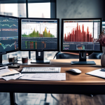 Create an image of a modern financial analyst's workspace with multiple computer monitors displaying colorful stock charts, margin trading data, and financ