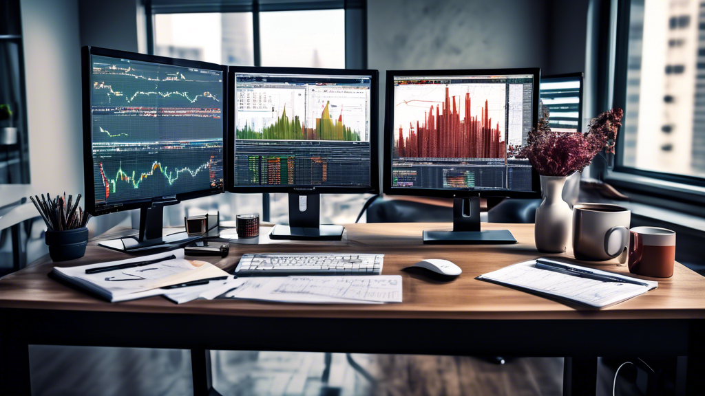 Create an image of a modern financial analyst's workspace with multiple computer monitors displaying colorful stock charts, margin trading data, and financ