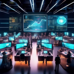 Create an image of a futuristic financial trading floor with numerous digital screens displaying charts and graphs of various cryptocurrencies. Traders of