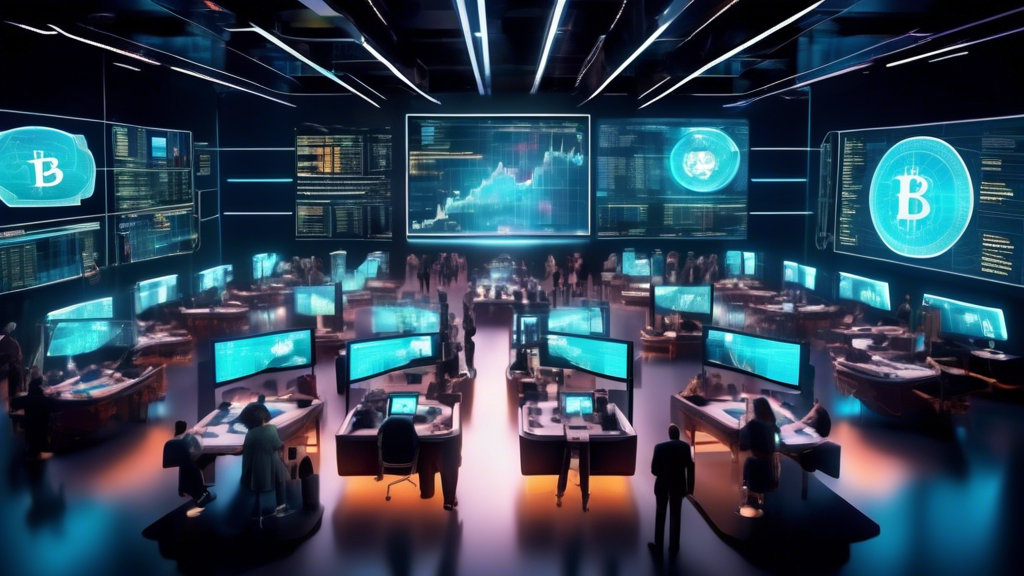 Create an image of a futuristic financial trading floor with numerous digital screens displaying charts and graphs of various cryptocurrencies. Traders of