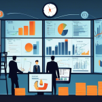 Create an image that visually represents the concept of margin trading. The image should illustrate a bustling financial trading floor with elements symbol