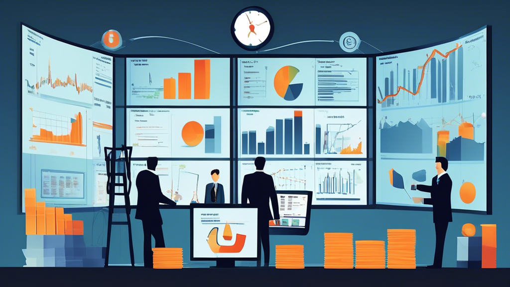 Create an image that visually represents the concept of margin trading. The image should illustrate a bustling financial trading floor with elements symbol