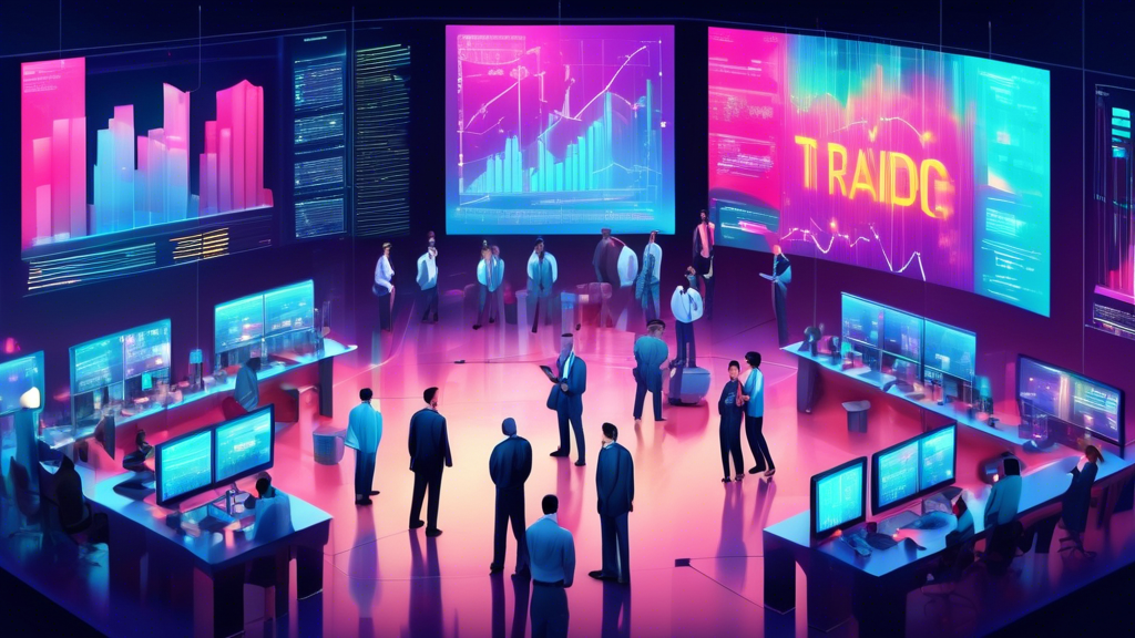 Create an image depicting a futuristic, digital financial hub bustling with activity. At the center, a large screen displays the words Margin Trading Facil