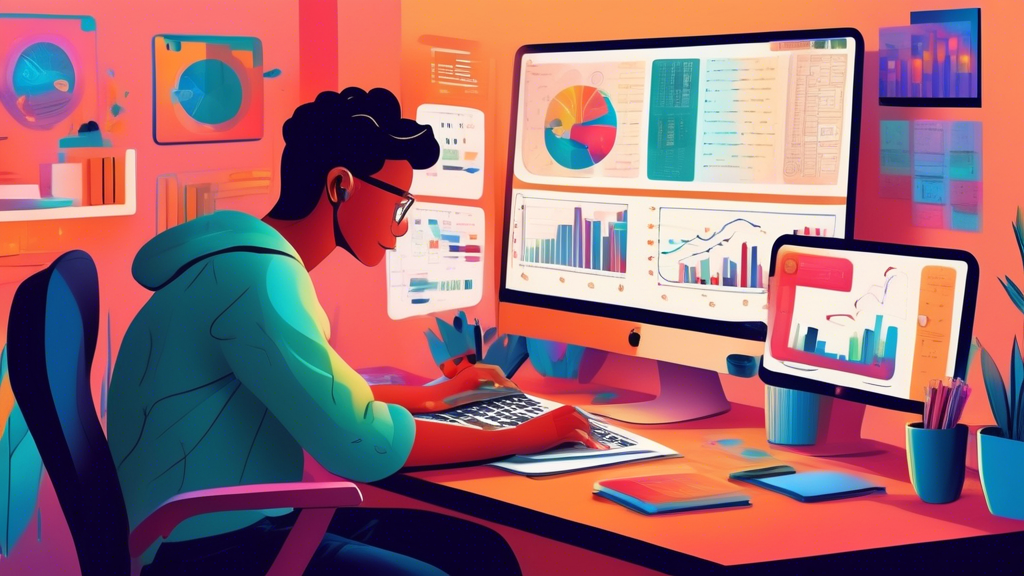 Create an illustration of a young adult sitting at a desk in a cozy home office, engrossed in learning about margin trading. The room is filled with colorf