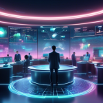 Create an image depicting a futuristic digital landscape filled with graphs, charts, and trading screens. At the center, a diverse group of traders, dresse