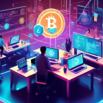 Create an image depicting a futuristic digital marketplace bustling with activity, where holographic screens display various cryptocurrencies and their val