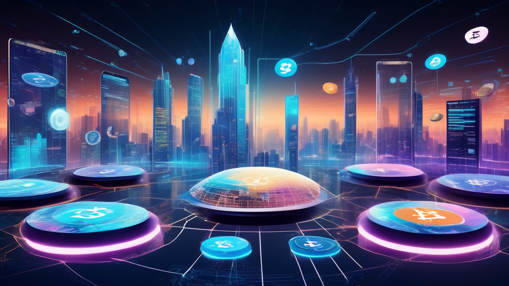 Create an image depicting a futuristic digital landscape with several floating screens showcasing different cryptocurrency platforms, each with a unique in