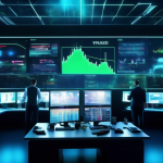 Create an image showcasing a futuristic stock trading office filled with large digital screens displaying various financial charts and data. The room is bu