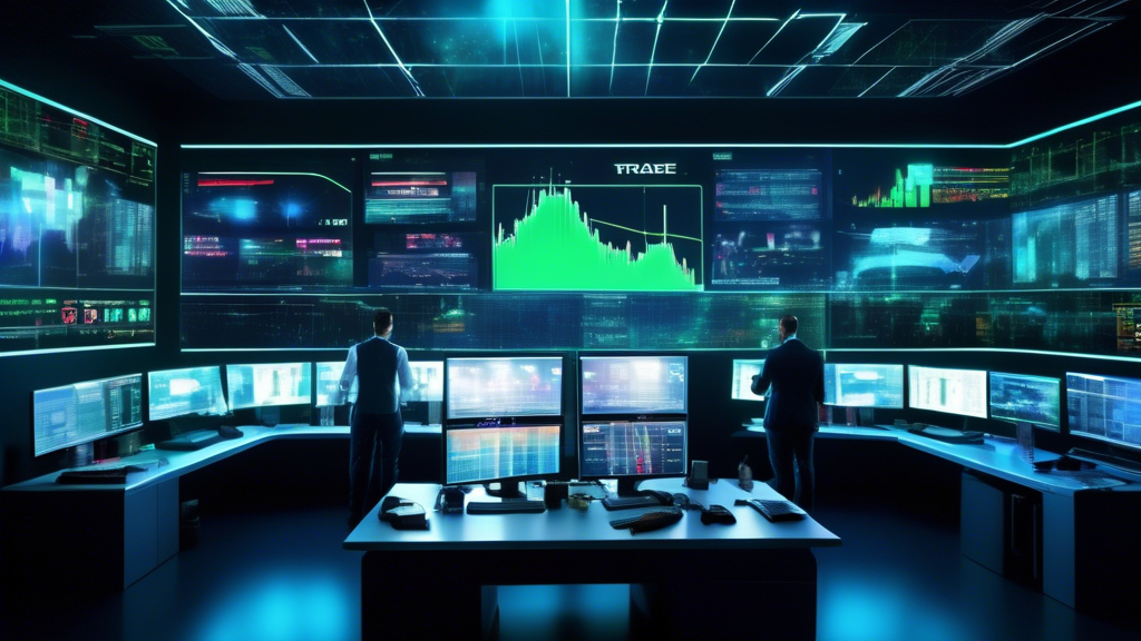 Create an image showcasing a futuristic stock trading office filled with large digital screens displaying various financial charts and data. The room is bu