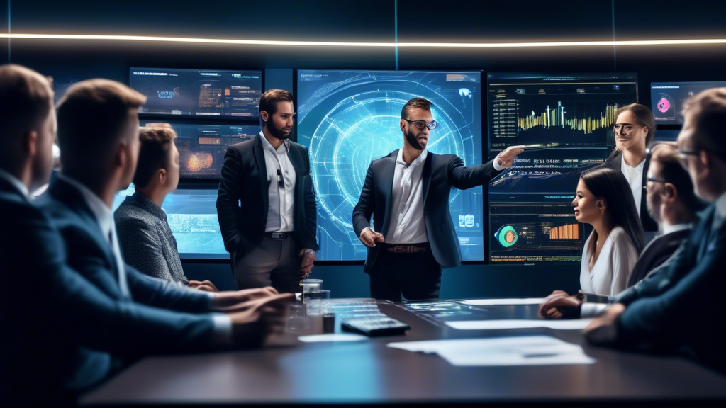 Create an image depicting a financial advisor explaining crypto tax implications to a diverse group of traders in a modern conference room. The advisor is