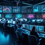 Create an image of a bustling futuristic trading floor filled with digital screens displaying complex charts, numbers, and cryptocurrency symbols. People o