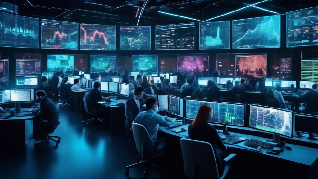 Create an image of a bustling futuristic trading floor filled with digital screens displaying complex charts, numbers, and cryptocurrency symbols. People o