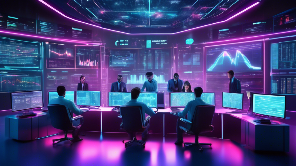 Create an image depicting a futuristic trading room filled with digital screens displaying real-time stock market data, cryptocurrency graphs, and intricat